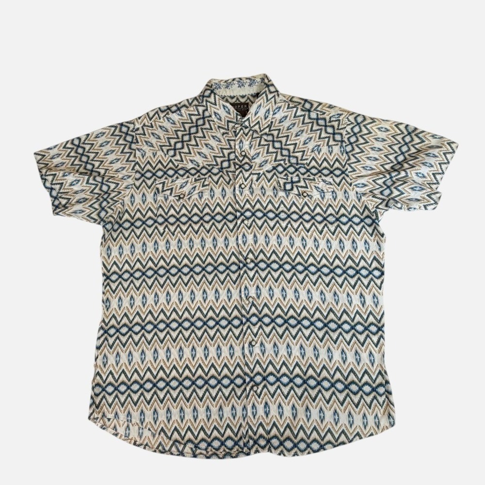 Roper West Mens XL Pearl Snap Shirt Blue Tan Geometric Ikat Southwestern Cotton